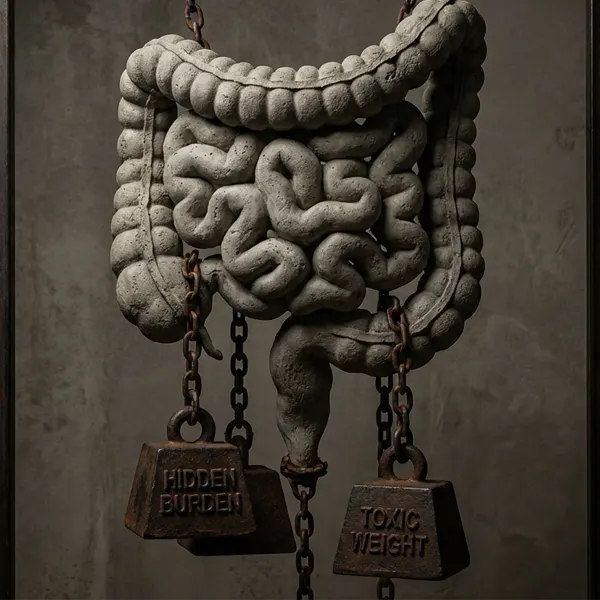 Conceptual image of the intestine weighed down by chains and blocks labeled 'Hidden Burden' and 'Toxic Weight,' symbolizing the 5-20 pounds of impacted mucoid plaque holding a person back.