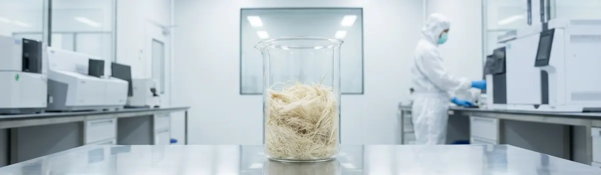 A sterile scientific laboratory setting showing a beaker of natural oil palm fibers, illustrating the rigorous research behind the gentle lubrication mechanism of the 3-Day Colon Cleanse.