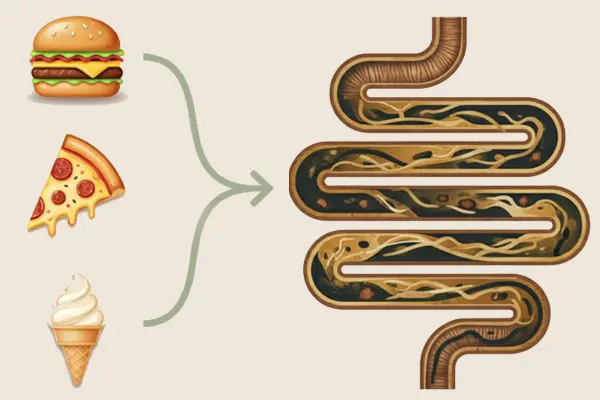Diagram showing that years of processed foods like burgers and pizza lead to a significant buildup of compacted fecal matter and waste, visually illustrating the sluggish, unhealthy intestine.