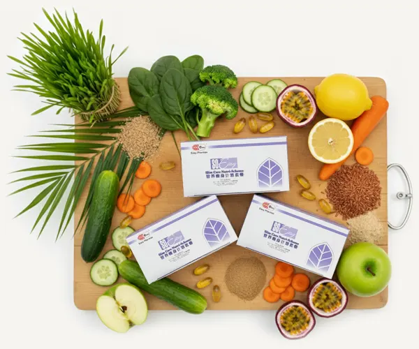 A collection of natural ingredients for the So Easy 3-Day Cleanse, highlighting wheatgrass, lemon, cucumber, carrots, apples, and the unique oil palm fiber for gentle and effective gut cleansing.