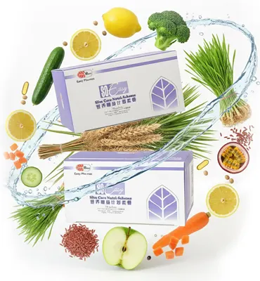 So Easy Cleanse product boxes surrounded by an explosion of natural ingredients including wheatgrass, broccoli, carrot, lemon, and oil palm fiber, emphasizing a comprehensive and nutritious cleanse.