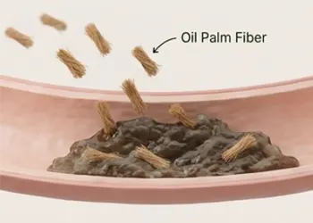 Diagram showing microscopic Oil Palm Fiber penetrating the surface of hardened mucoid plaque, illustrating the unique ability to break down intestinal buildup.